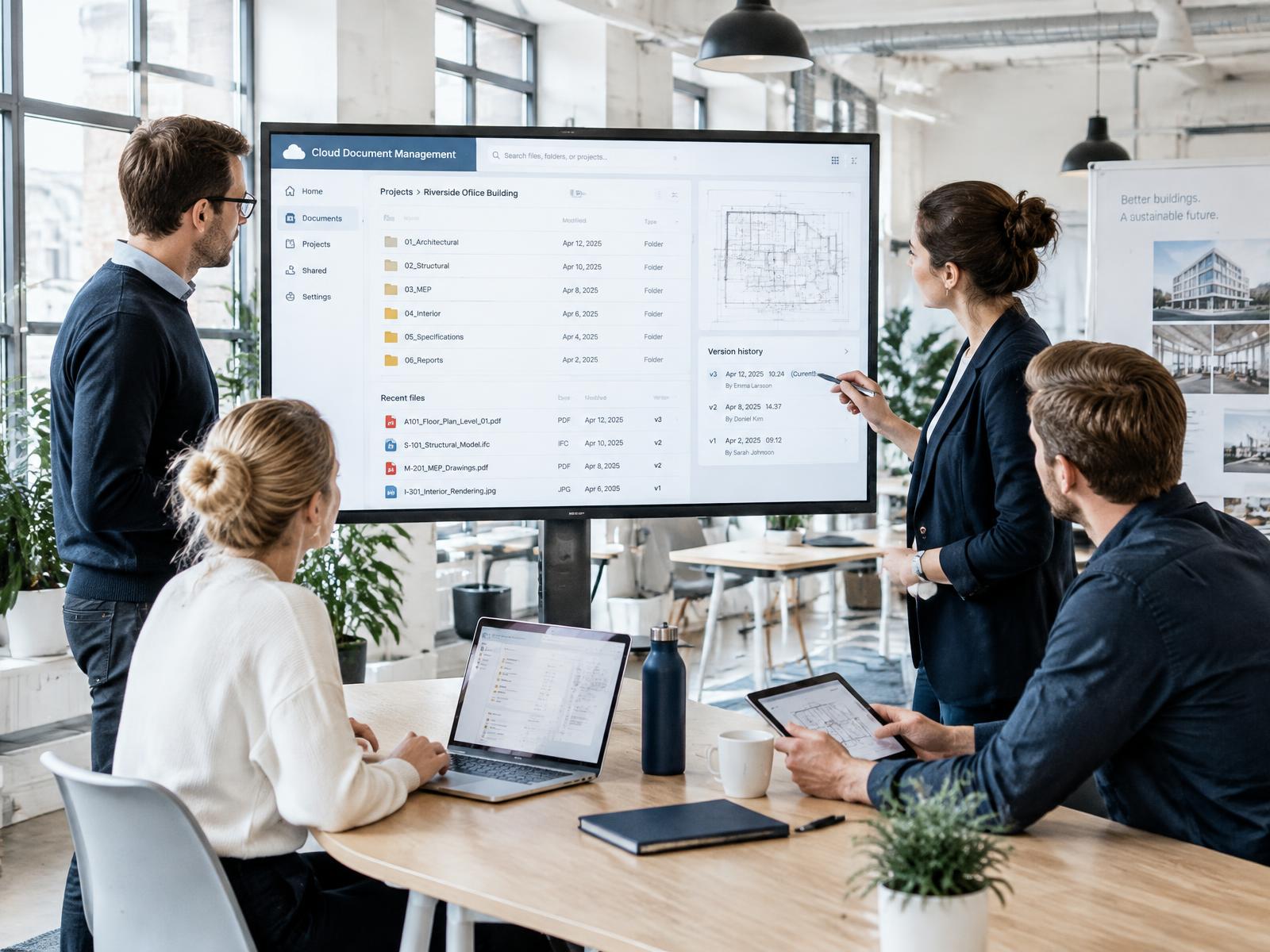 Projektteam går igenom dokument och versionshistorik på en stor skärm