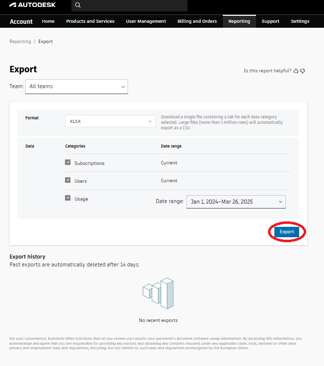 Autodesk Account: Export för nedladdning av rapporten
