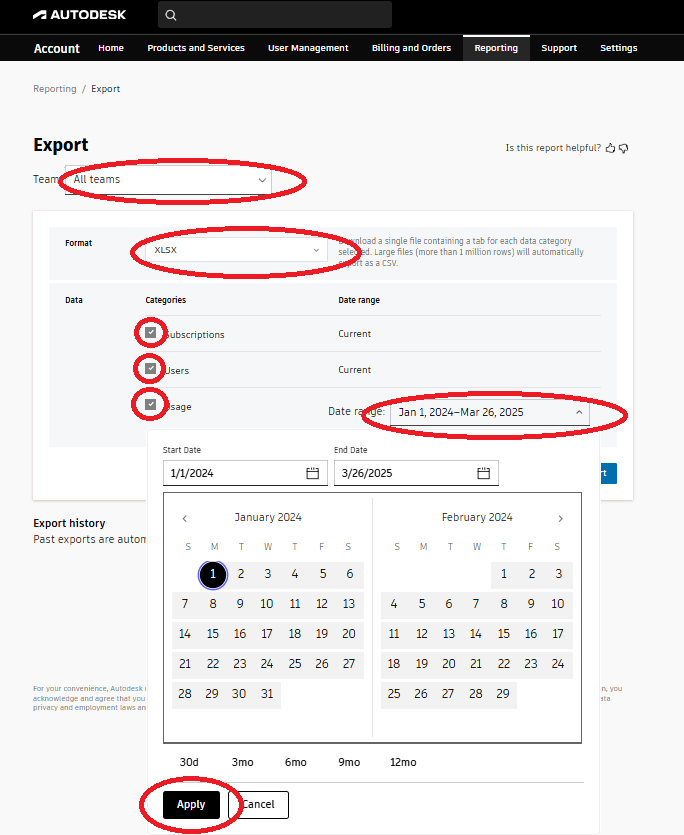Exportinställningar med All teams, XLSX, Categories och Date range