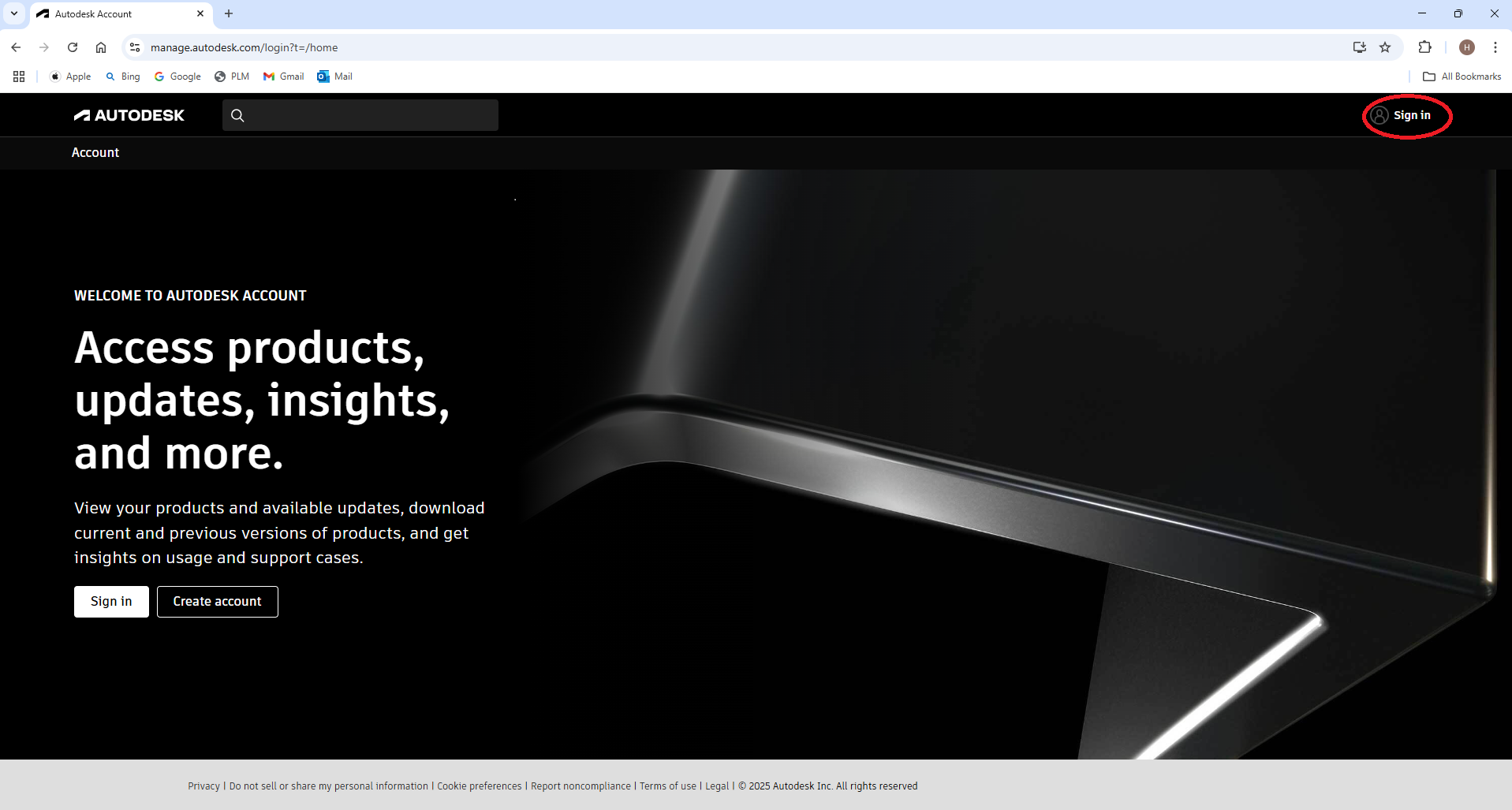 Inloggningssidan till Autodesk Account med Sign in