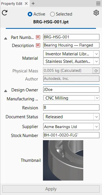 Property Edit-panel med egenskaper för en detalj i Inventor