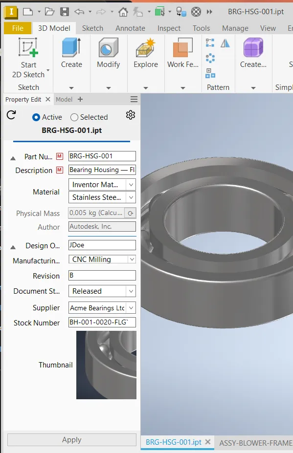Flow-arbetsmiljön i Inventor med modell och dockad egenskapspanel